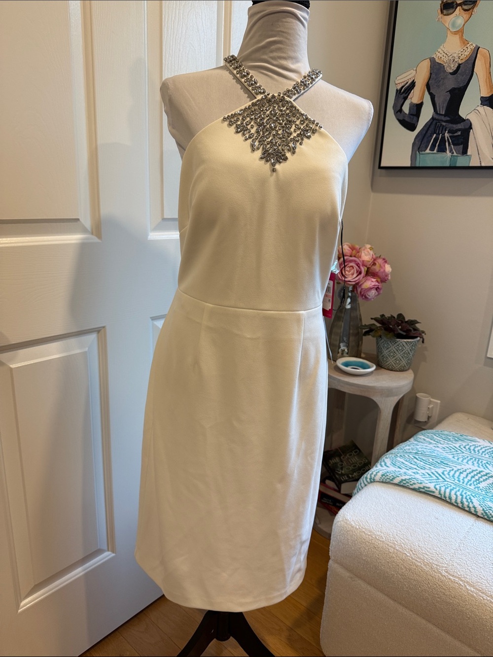 NWT White/Ivory Embellished Halter Cocktail Dress perfect for bride.